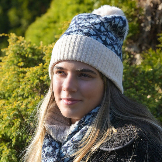 POM Recycled Scandi Flower Bobble Hat - Blue