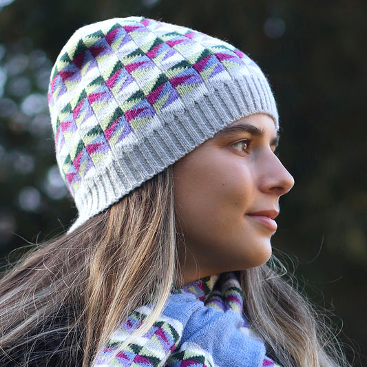 POM Geometric knit Beanie Hat - Plum Mix