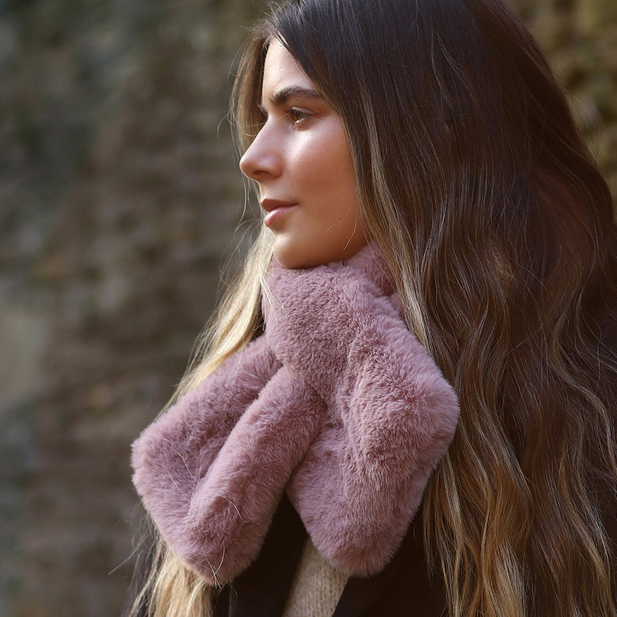 POM Faux Fur Pull Through Scarf - Pink or Taupe