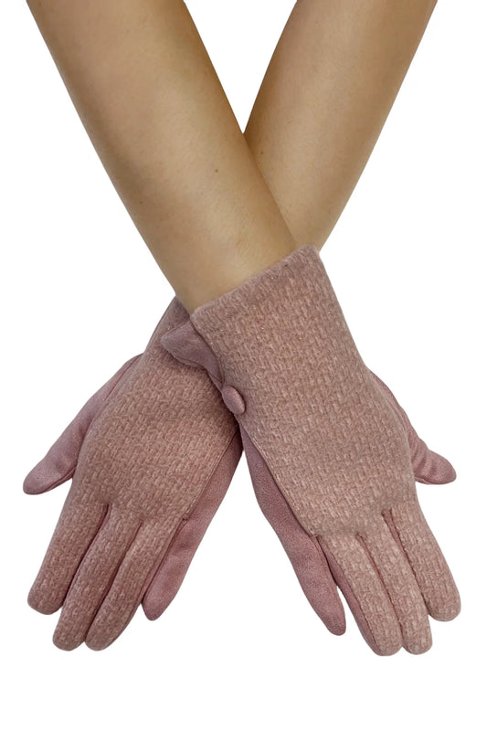 Plain Knitted Gloves with Button- Pink