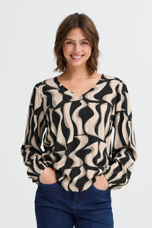 Fransa Justini Long Sleeve Blouse - Black Swirl