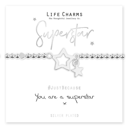 Life Charms Silver Plated Beaded Stretch Bracelet with Silver Stars Charms - Superstar