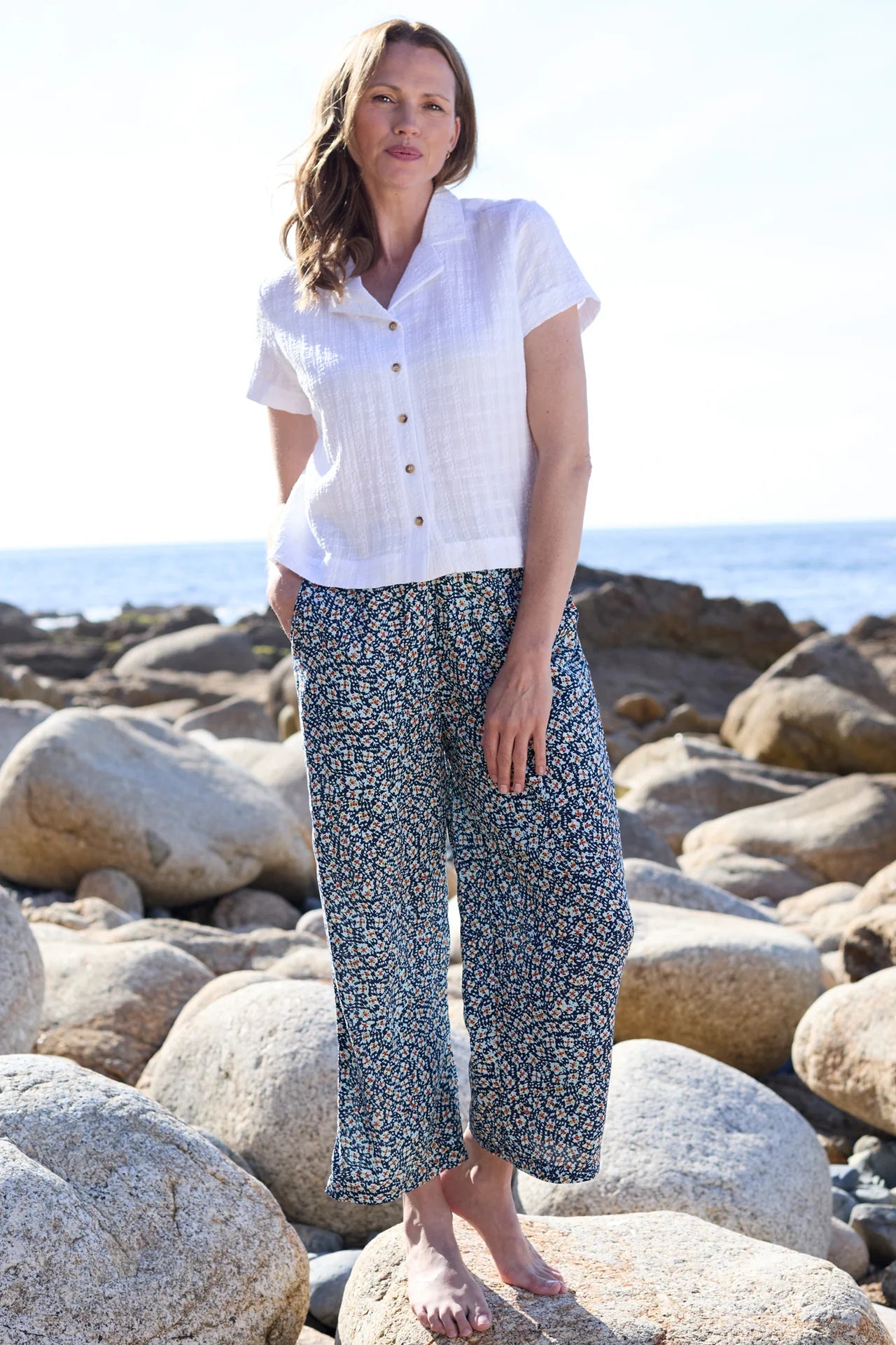 Lily & Me Greta Folk Print Cropped Trousers  - Navy