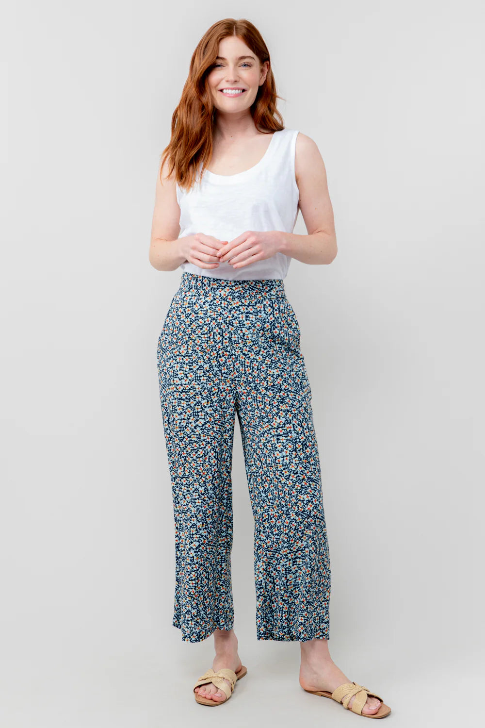 Lily & Me Greta Folk Print Cropped Trousers  - Navy