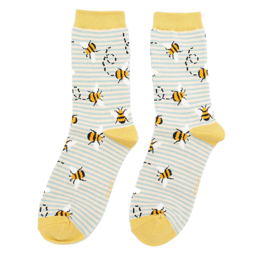 Miss Sparrow Bamboo Bees Stripes Socks - Duck Egg & Cream