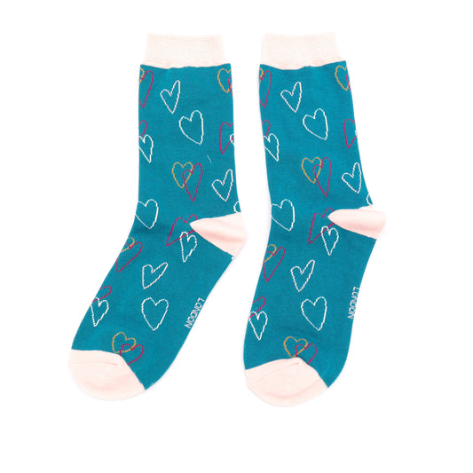 Miss Sparrow Bamboo Sketch Hearts Socks - Teal