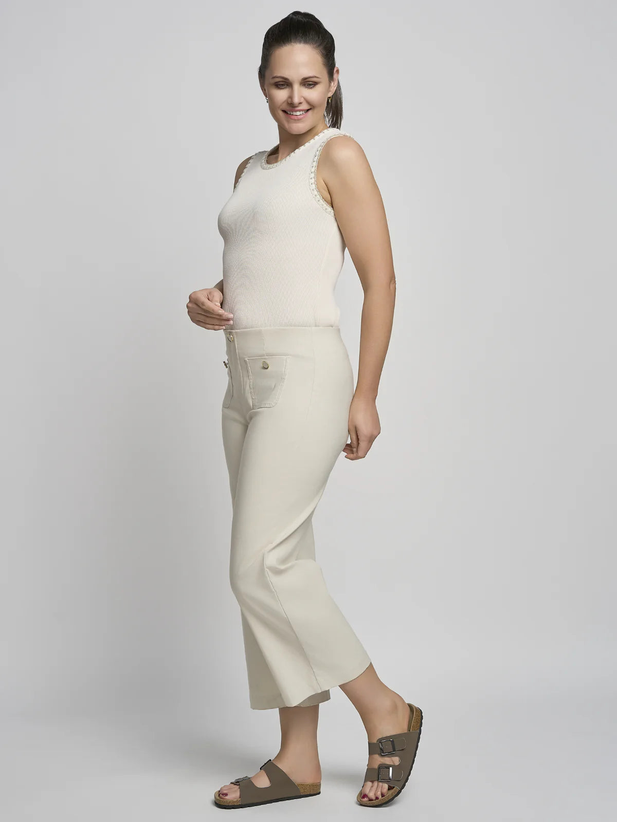 Pinns Wide Straight Leg Trousers with Buttons 638C - Ecru
