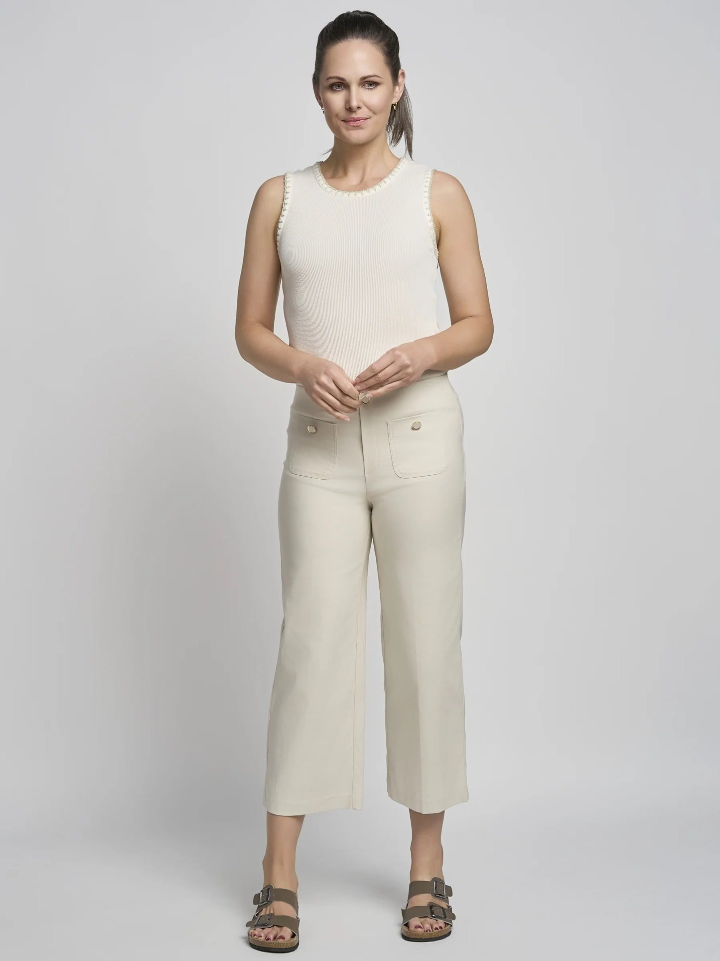 Pinns Wide Straight Leg Trousers with Buttons 638C - Ecru