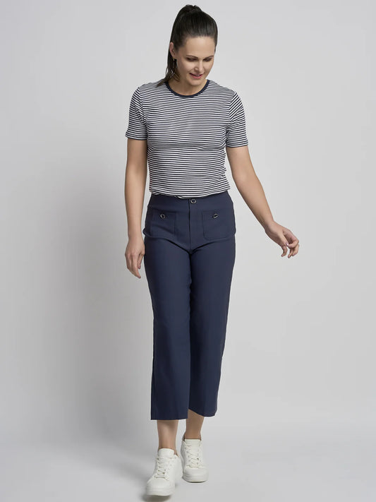 Pinns Wide Straight Leg Trousers with Buttons 638C - Navy