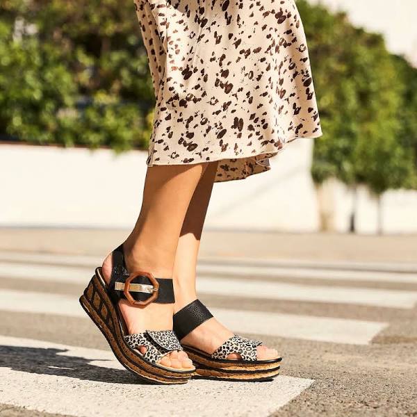Rieker Black/ Animal Wedged Sandals 68176 - Black