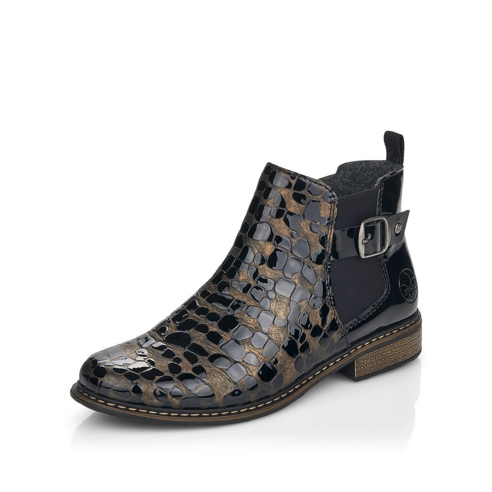 Rieker Z4965 Ladies Patent Boots with Zip -  Black/ Gold