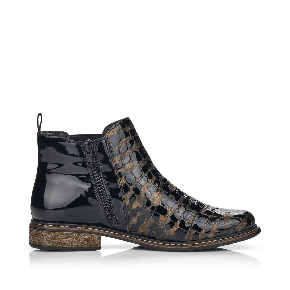 Rieker Z4965 Ladies Patent Boots with Zip -  Black/ Gold