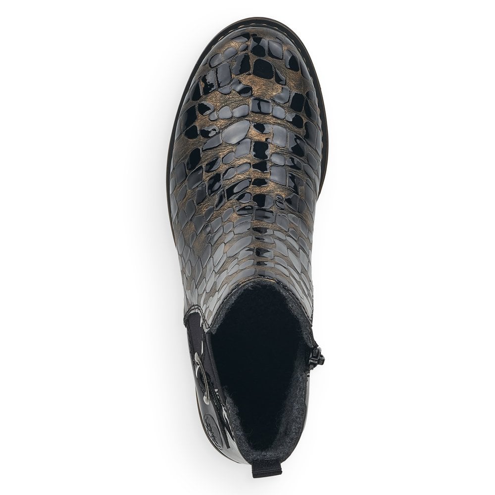 Rieker Z4965 Ladies Patent Boots with Zip -  Black/ Gold