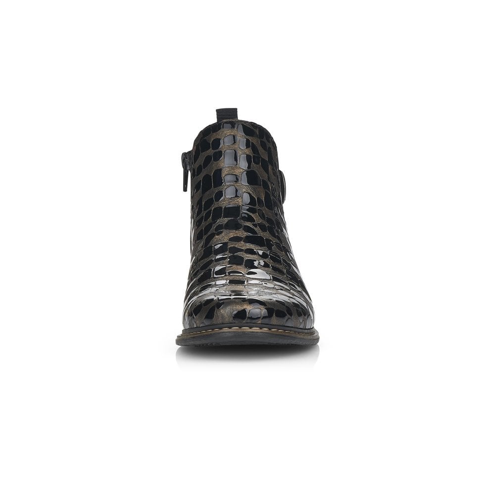 Rieker Z4965 Ladies Patent Boots with Zip -  Black/ Gold
