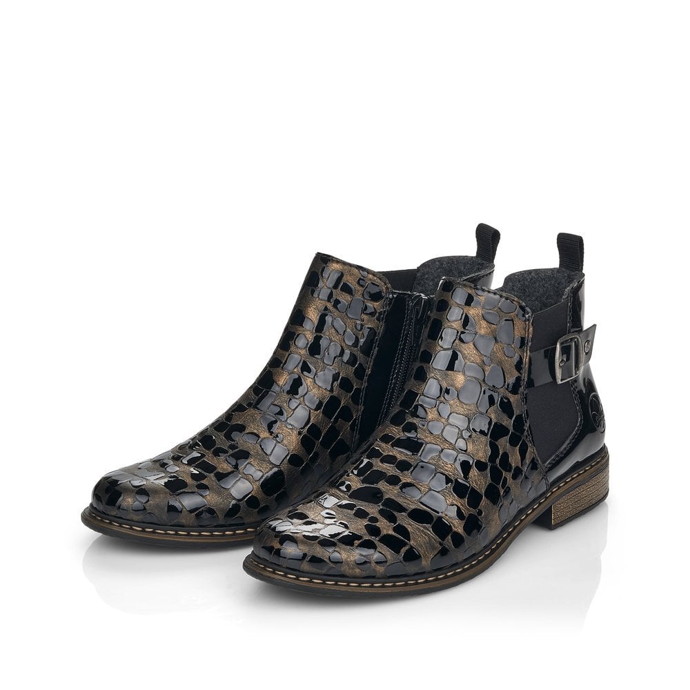 Rieker Z4965 Ladies Patent Boots with Zip -  Black/ Gold
