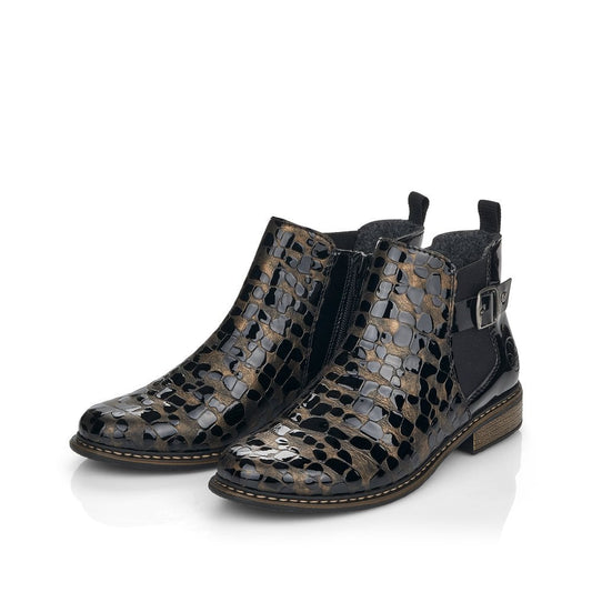 Rieker Z4965 Ladies Patent Boots with Zip -  Black/ Gold