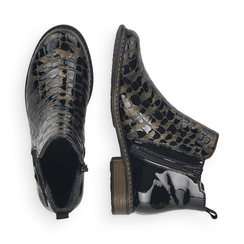 Rieker Z4965 Ladies Patent Boots with Zip -  Black/ Gold
