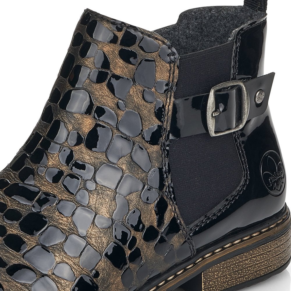 Rieker Z4965 Ladies Patent Boots with Zip -  Black/ Gold
