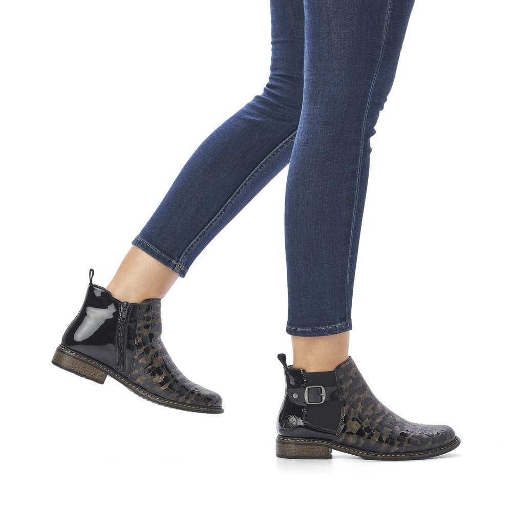 Rieker Z4965 Ladies Patent Boots with Zip -  Black/ Gold