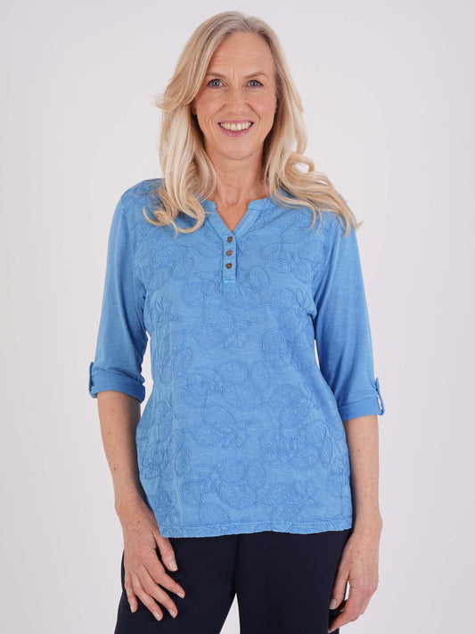 TIGI 100% Cotton Embroidered Notch Neckline Top - Aquamarine Blue