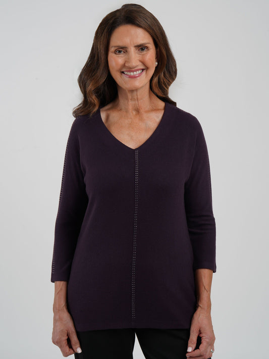TIGI Diamante Trim V Neck Top - Blackcurrant