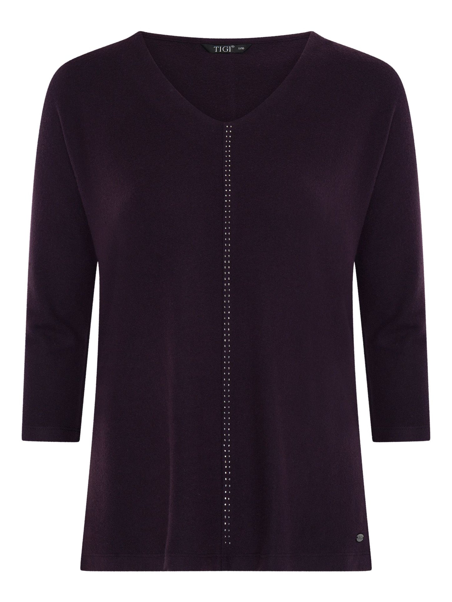 TIGI Diamante Trim V Neck Top - Blackcurrant