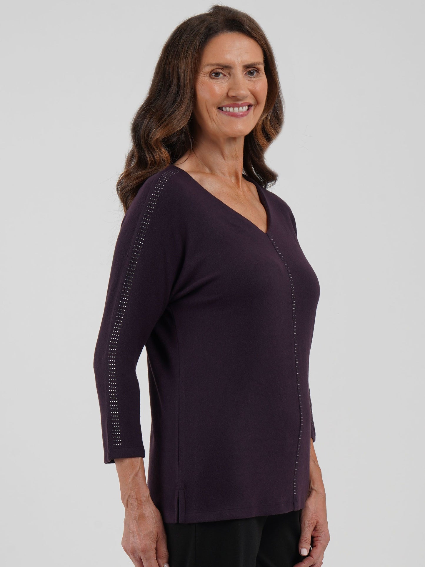 TIGI Diamante Trim V Neck Top - Blackcurrant