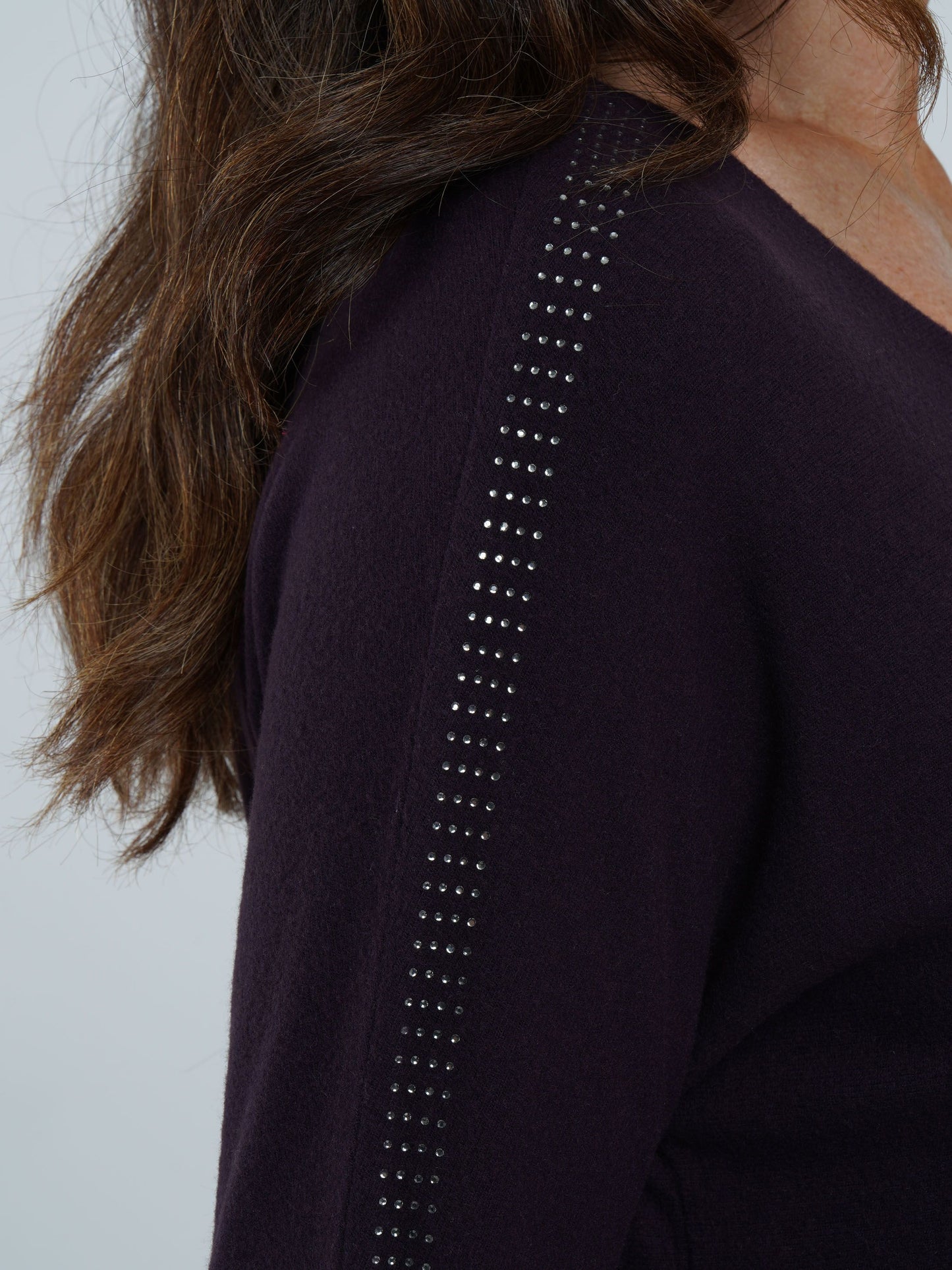 TIGI Diamante Trim V Neck Top - Blackcurrant