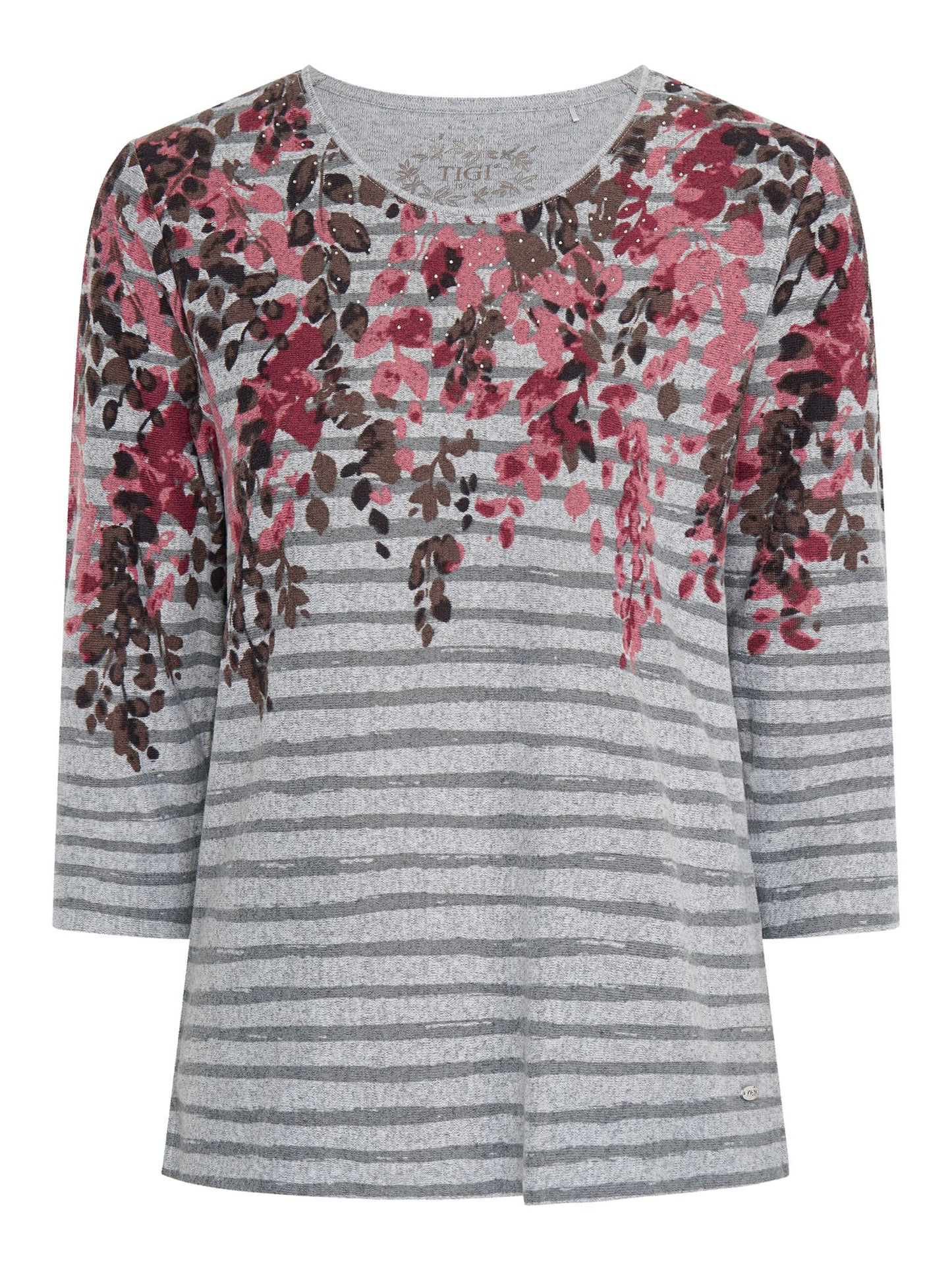Tigi Stripe And Floral Border Print Top - Ash/ Pink