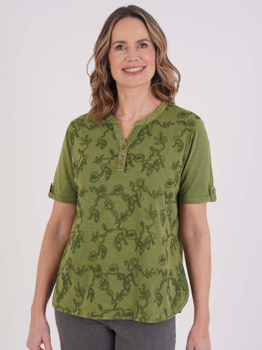 Tigi Embroidered Notch Neckline Top - Olive