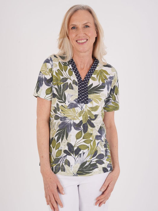 TIGI Embroidered Jungle Print Top - White/ Olive Green