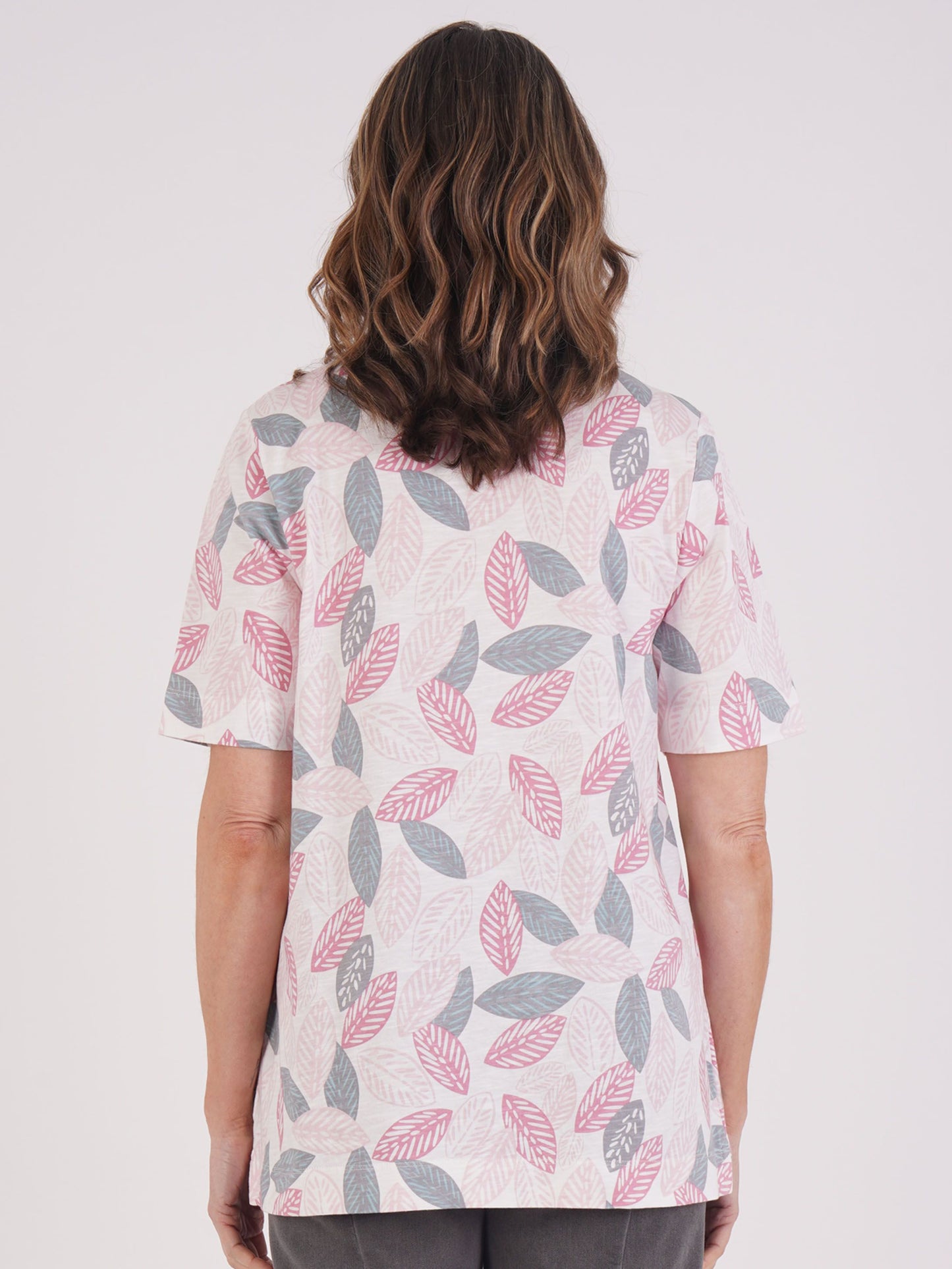 TIGI 100% Cotton Leaf Print Tunic with Pockets - Rose Pink