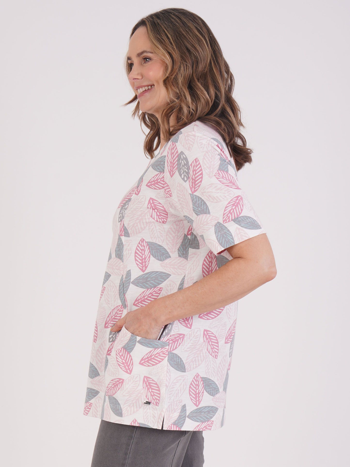 TIGI 100% Cotton Leaf Print Tunic with Pockets - Rose Pink