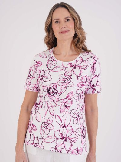 TIGI 100% Cotton Sketched Orchid Print Top - White