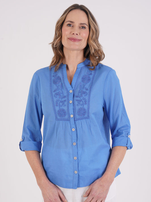 TIGI Embroidered Stitch Detail Blouse - Cornflower Blue