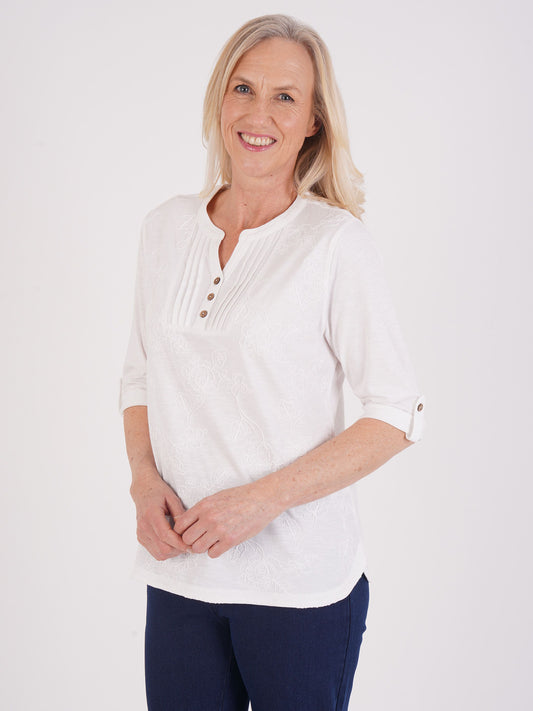 TIGI Dori Embroidered Jersey Top - White